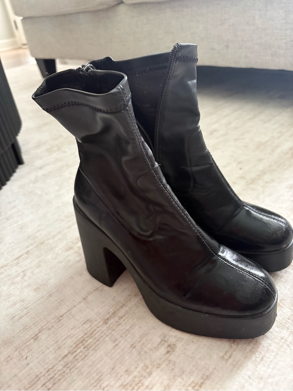 Black Platform Block Heel Ankle Boots - Women